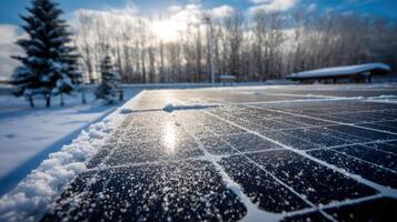 Snow-covered solar panels under bright winter sunlight in rural snowy landscape photo