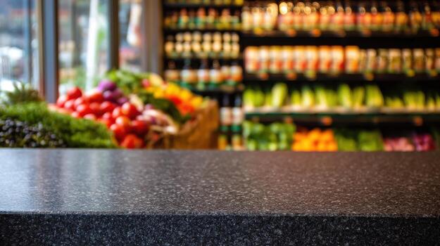 Black stone counter with vibrant grocery produce background photo