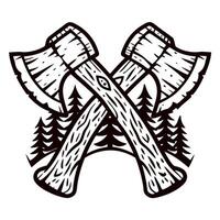 Crossed woodcutter axes with carved handles and evergreen trees in vintage monochrome emblem illustration vector