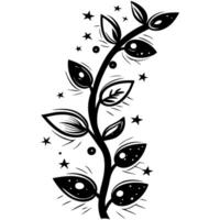 Stylized vine branch with leaves and scattered stars in bold black line art illustration vector