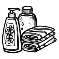 Hand drawn soap dispenser, lotion bottle, and folded towels isolated on white background vector