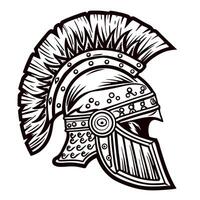 Detailed hand drawn illustration of ancient greek corinthian helmet with ornate crest and decorative metal engraving vector