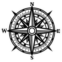 Vintage engraved compass rose illustration with directional points and ornate details on white background vector