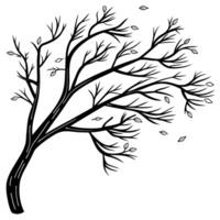 Bare deciduous tree branches blowing in the wind with scattered falling leaves illustration vector