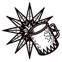 Hand drawn vintage metal mug with engraved starburst background isolated on white vector