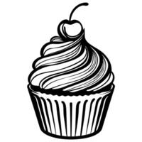 Cupcake with cherry on top black and white line art illustration for bakery menu or dessert design vector
