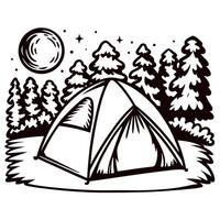 Tent under moonlit pine trees in forest clearing, hand drawn camping scene, night wilderness adventure illustration vector