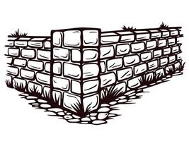 Corner of a stone wall with grass and rocks in a rustic setting vector
