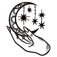 Elegant hand holding crescent moon with hanging stars, mystical line art, celestial boho illustration vector