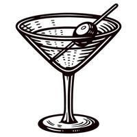 Hand drawn martini glass with olive and cocktail stick vintage engraved monochrome illustration vector