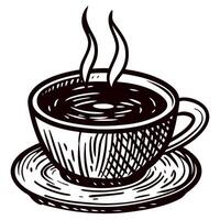 Hand drawn steaming cup of coffee on saucer in vintage engraved sketch isolated on white background vector