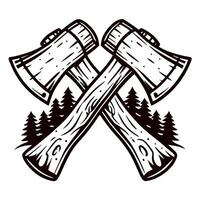 Crossed wooden axes with detailed forest trees background in vintage engraving illustration vector