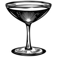 Vintage engraved drawing of an empty cocktail coupe glass with stem and wide shallow bowl isolated on white background vector