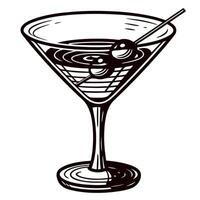 Hand drawn martini glass with olives on toothpick vintage engraved sketch illustration isolated on white background vector
