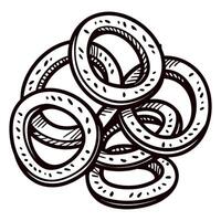 Hand drawn pile of intertwined onion rings isolated on white background vintage snack food sketch illustration vector