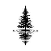 Tall pine tree with concentric water ripples and symmetrical reflection on white background silhouette vector