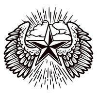 Detailed vintage winged star with radiant beams and clouds monochrome emblem sketch illustration in retro engraved vector