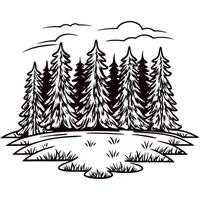 Hand drawn evergreen pine tree forest with meadow and clouds, vintage engraved illustration vector