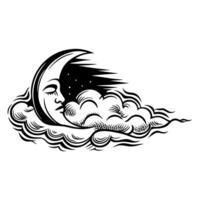 Vintage engraving crescent moon with human face blowing wind and clouds, black and white illustration vector