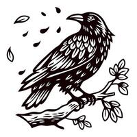 Intricate black raven perched on a tree branch with falling leaves hand drawn vintage engraving illustration vector