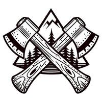 Vintage crossed axes emblem with mountain and pine trees illustration, rustic outdoors adventure graphic vector