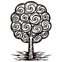 Whimsical swirling tree illustration with abstract round foliage and decorative trunk on white background vector