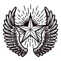 Hand drawn five pointed star with radiant lines and spread feathered wings on white background vector