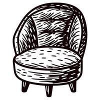 Hand drawn armchair illustration with textured upholstery and rounded backrest in engraved vintage vector