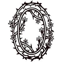 Floral oval frame with vines and blooming flowers, hand drawn botanical border illustration in black and white vector