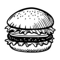Hand drawn classic hamburger illustration with lettuce, cheese, and patty on white background vector