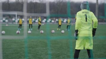 A children's football team trains at the stadium under the guidance of a coach. Kids in sports uniforms practice ball exercises, improve technique, and develop teamwork on the green field 38 video