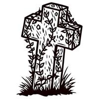 Vintage engraved illustration of old stone cross covered with ivy and grass, hand drawn sketch isolated on white background vector