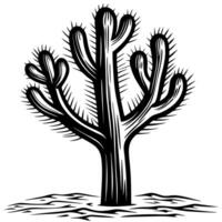 Hand drawn desert cactus illustration with thick black outlines and textured spines on rough ground vector