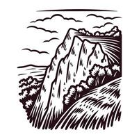 Hand drawn mountain cliff with trees and clouds in vintage engraved black and white illustration vector