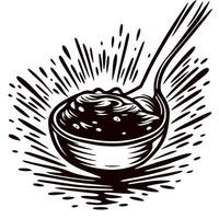 Hand drawn vintage ladle with soup sketch engraved culinary utensil illustration in retro with liquid splash vector