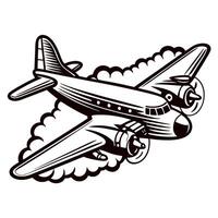 Vintage propeller airplane outlined in with clouds and dynamic flight motion illustration vector
