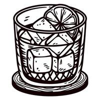 Hand drawn illustration of whiskey glass with lemon slice and ice cubes on round coaster vector