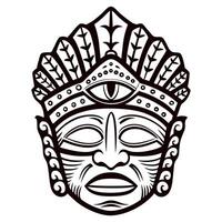 Intricate tribal mask with ornate headdress and abstract third eye design in bold black outline vector