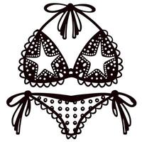 Stylized black bikini illustration with dot and star ornament, bows, and decorative scalloped edges on white background vector