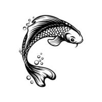 Hand drawn koi fish illustration with decorative scales and fins, swirling with bubbles on white background vector