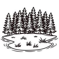 Hand drawn evergreen pine trees with small pond and grass on white background vintage engraved vector