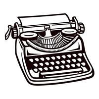Retro manual typewriter illustration with paper sheet vintage writer tool in classic ink drawing vector