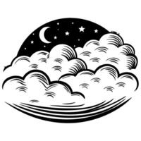 Black and white engraved night sky with crescent moon, stars, and billowing clouds in vintage illustration vector