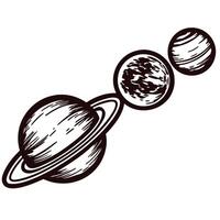 Artistic line drawing of planets in outer space featuring saturn with rings vector