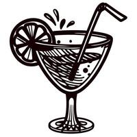 Hand drawn cocktail glass with lemon slice and straw vintage sketch illustration of refreshing drink splash vector