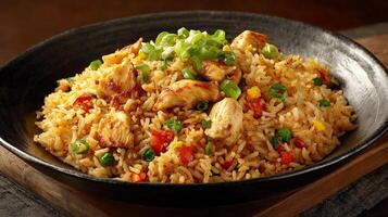 Chicken pulao image with realistic grain and spice detail photo