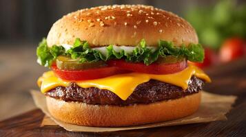 Mouthwatering closeup photography of cheeseburger with melted cheese photo
