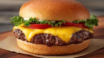 Full focus photography of cheeseburger with melted cheese slice photo