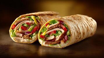 Chicken beef shawarma roll with colorful veggies photo