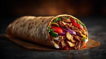 Realistic shawarma photography on rustic background photo